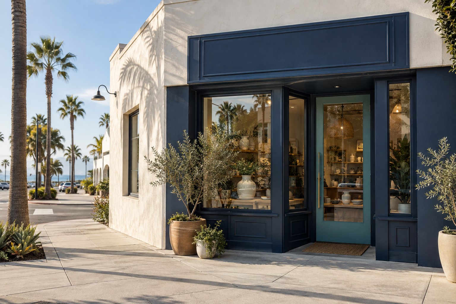 Illustrative coastal storefront with a navy facade and teal entrance